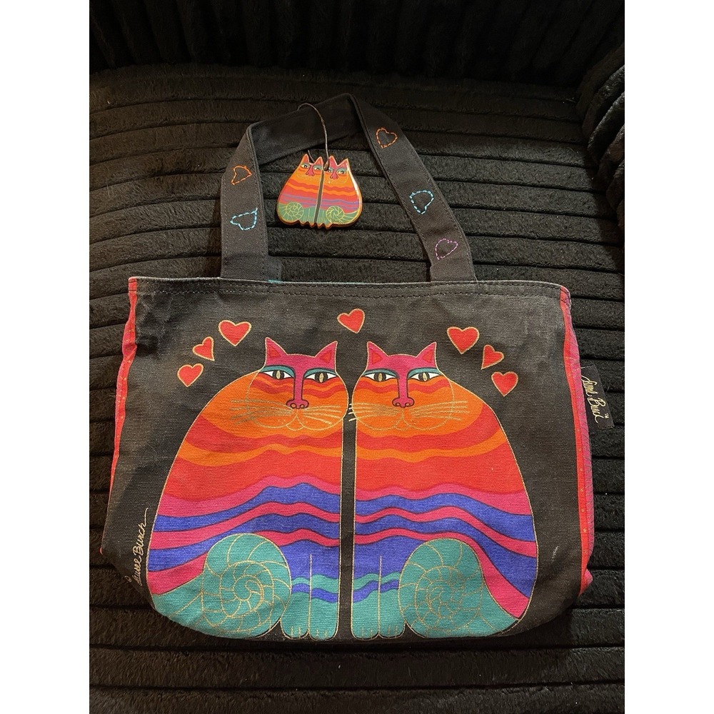 Vintage Laurel Burch Feline Cats with Hearts Colorful Tote Bag Purse 9x10"